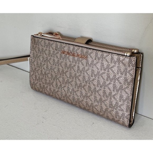 New Michael Kors Jet Set Travel Double Zip Wallet PVC Rose Gold - Picture 5 of 6